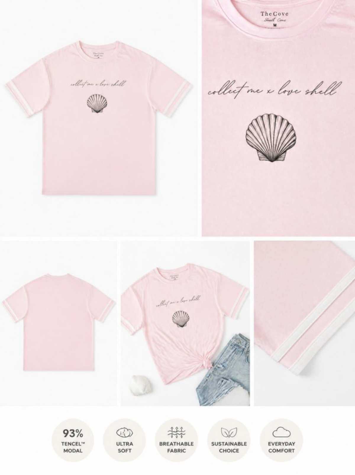 The Love Shell Tee detail sheet showing front, back, styled and sleeve close-up views plus fabric features