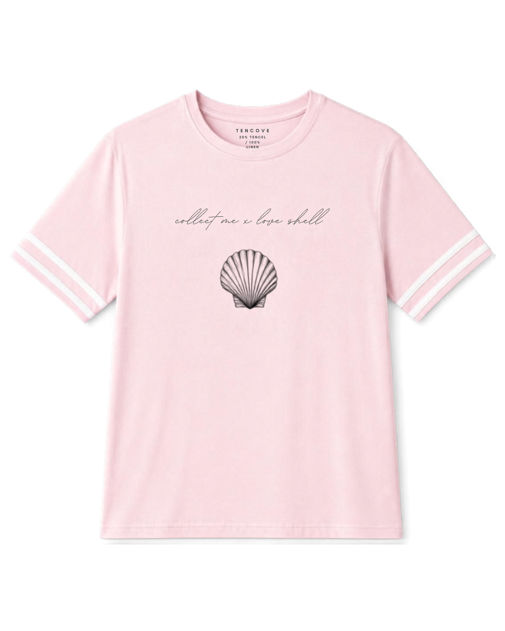The Love Shell Tee in soft pink, front view, with the collect me a love shell script and hand-illustrated scallop shell print and contrast stripe sleeves