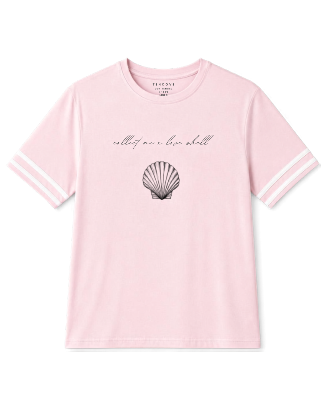 The Love Shell Tee in soft pink, front view, with the collect me a love shell script and hand-illustrated scallop shell print and contrast stripe sleeves